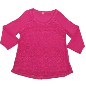 Reba Hot Pink Lace Overlay T-shirt Tunic Scoop Bottom Button Sleeves Sz M